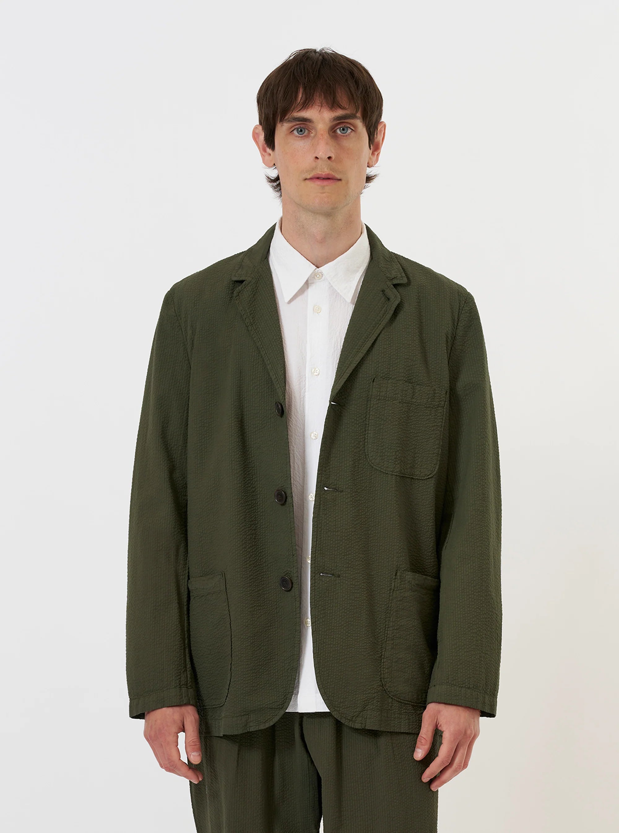 Universal Works - Merida Seersucker Three Button Jacket in Olive