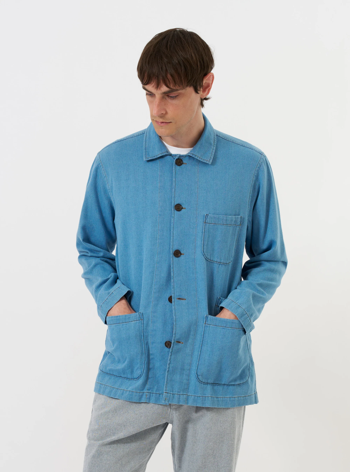 Universal Works - Bakers Overshirt Washed Indigo Recycled Herringbone