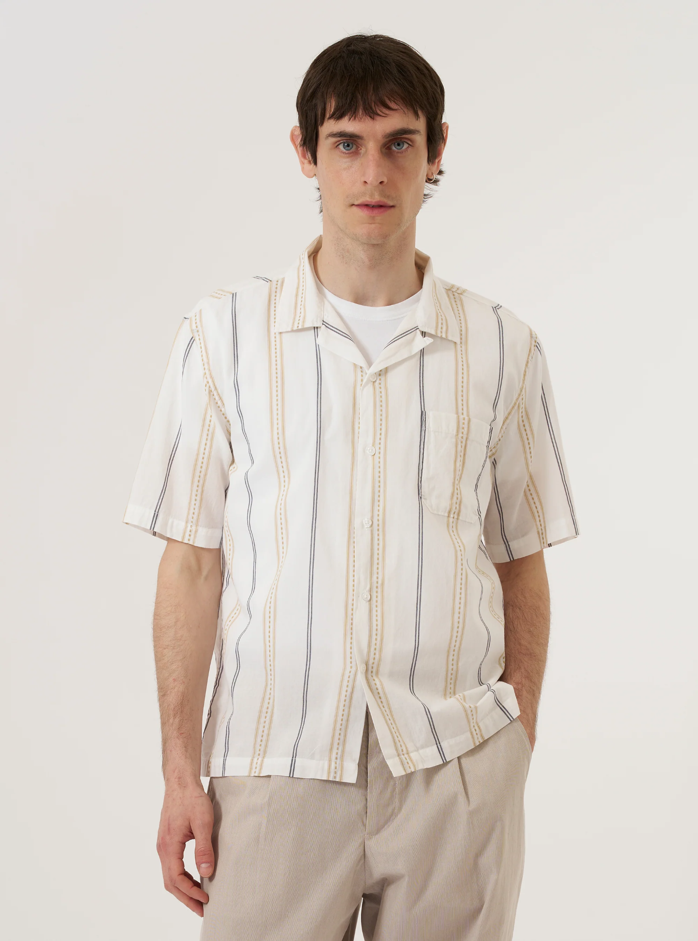 Universal Works - Road Shirt in Ecru/Navy/Sand Hendrix Stripe