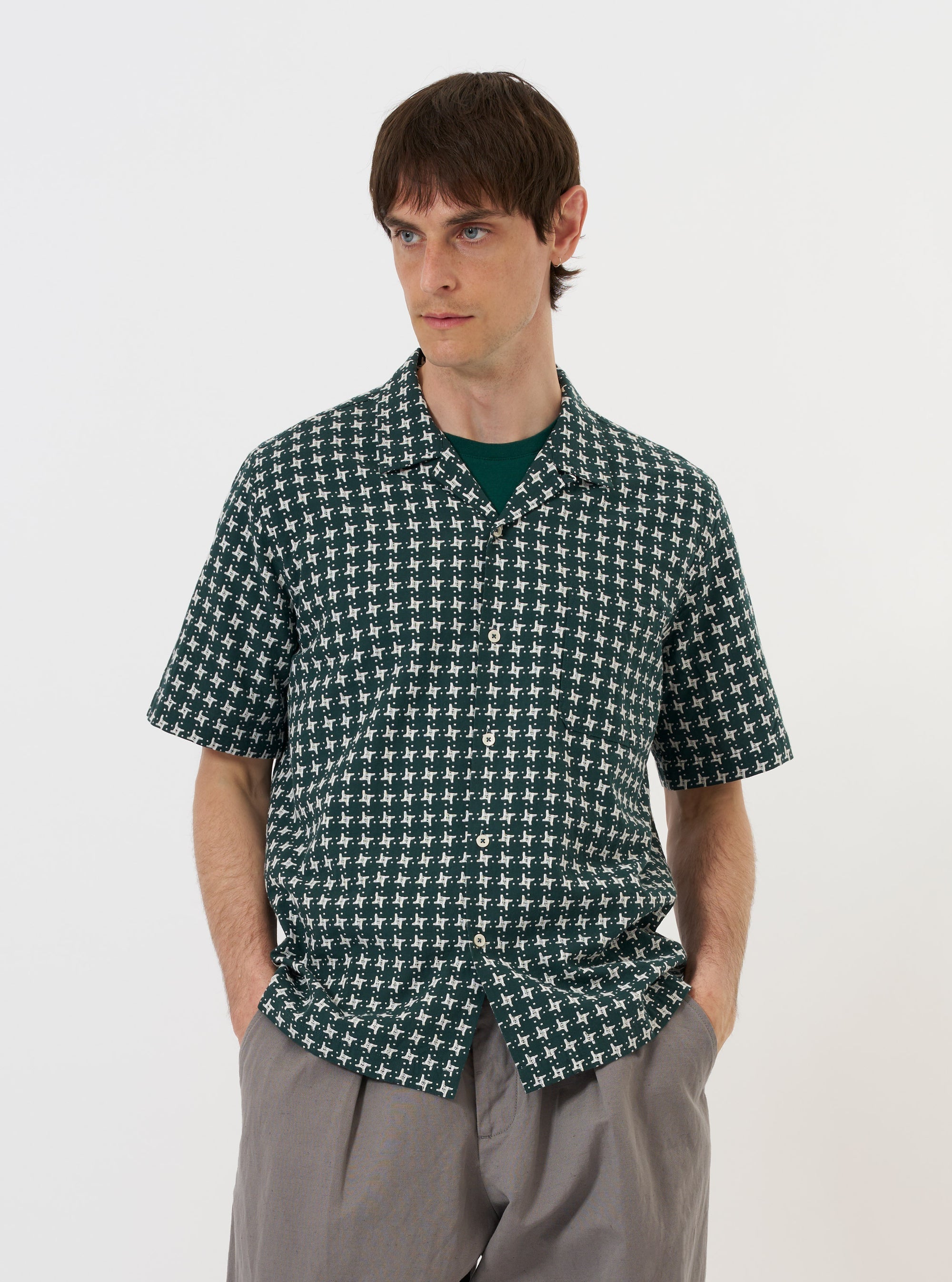 Universal Works - Road Shirt in Green/White Rhodes 8 Cotton