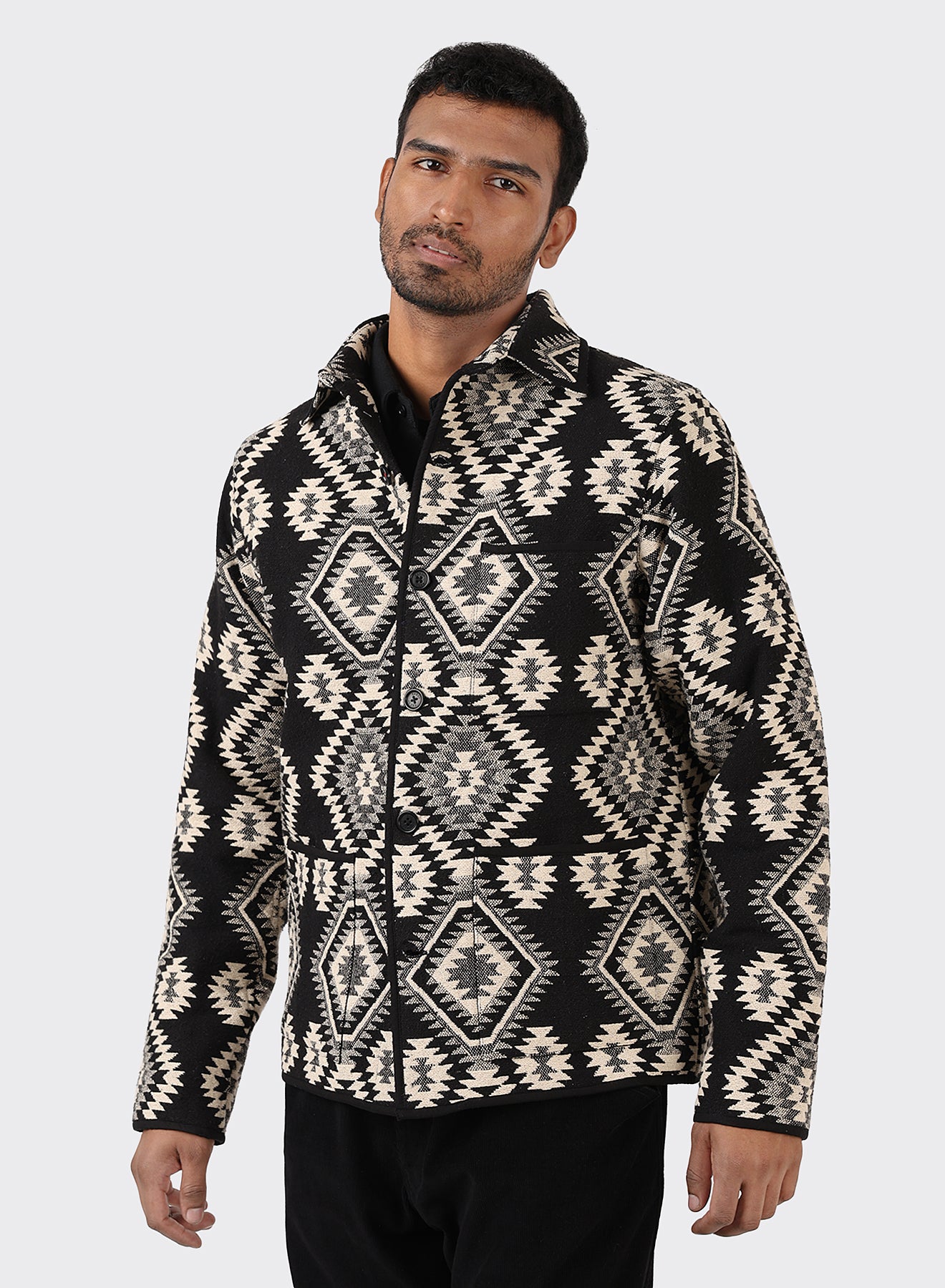 Kardo - Paris Work Jacket in White/Black Jacquard