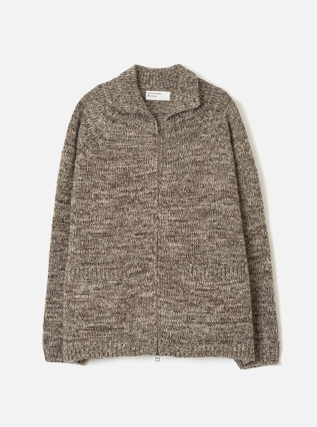 Universal Works- Zip Cardigan in Brown/Ecru Lambswool