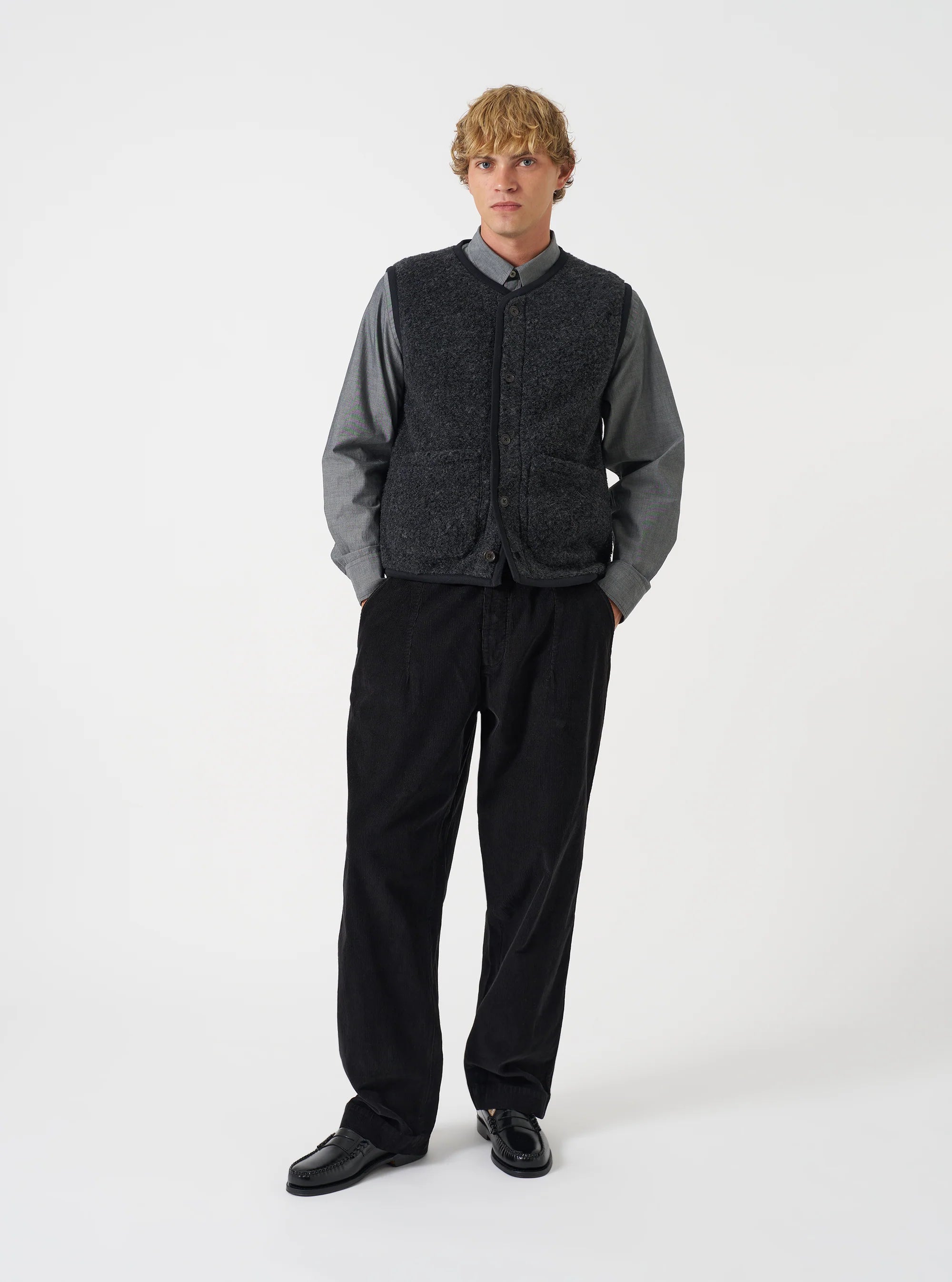 Universal Works - Lancaster Gilet in Charcoal Bouclet Fleece