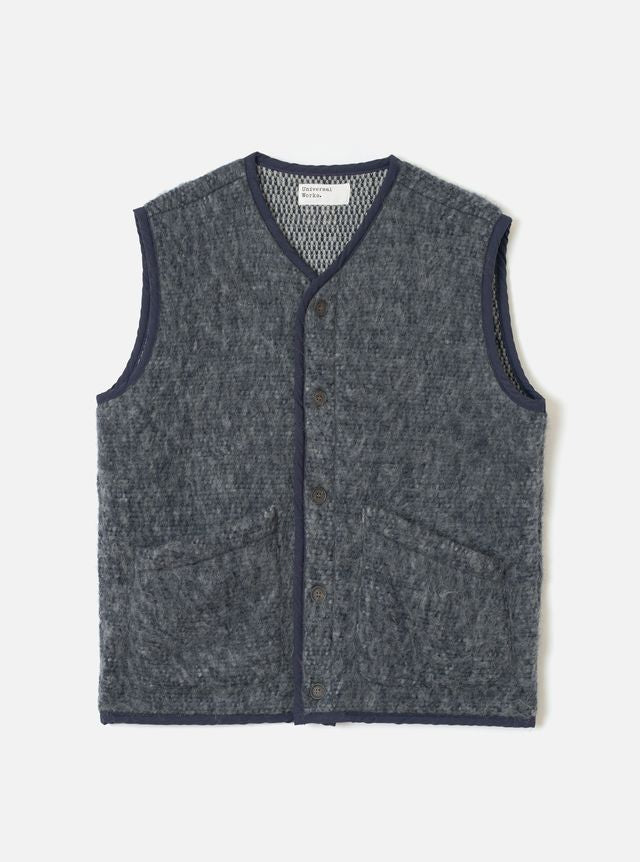 Universal Works - Lancaster Gilet in Losso Mohair Mix in Navy/Pale Grey