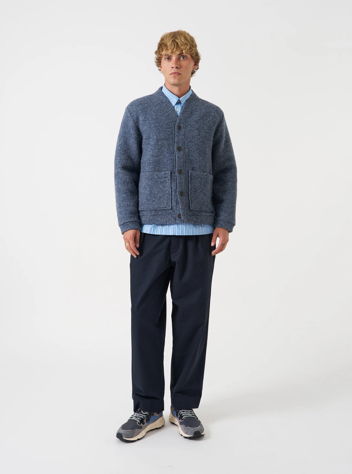 Universal Works - Advance Cardigan in Slate Blue Wool Fleece