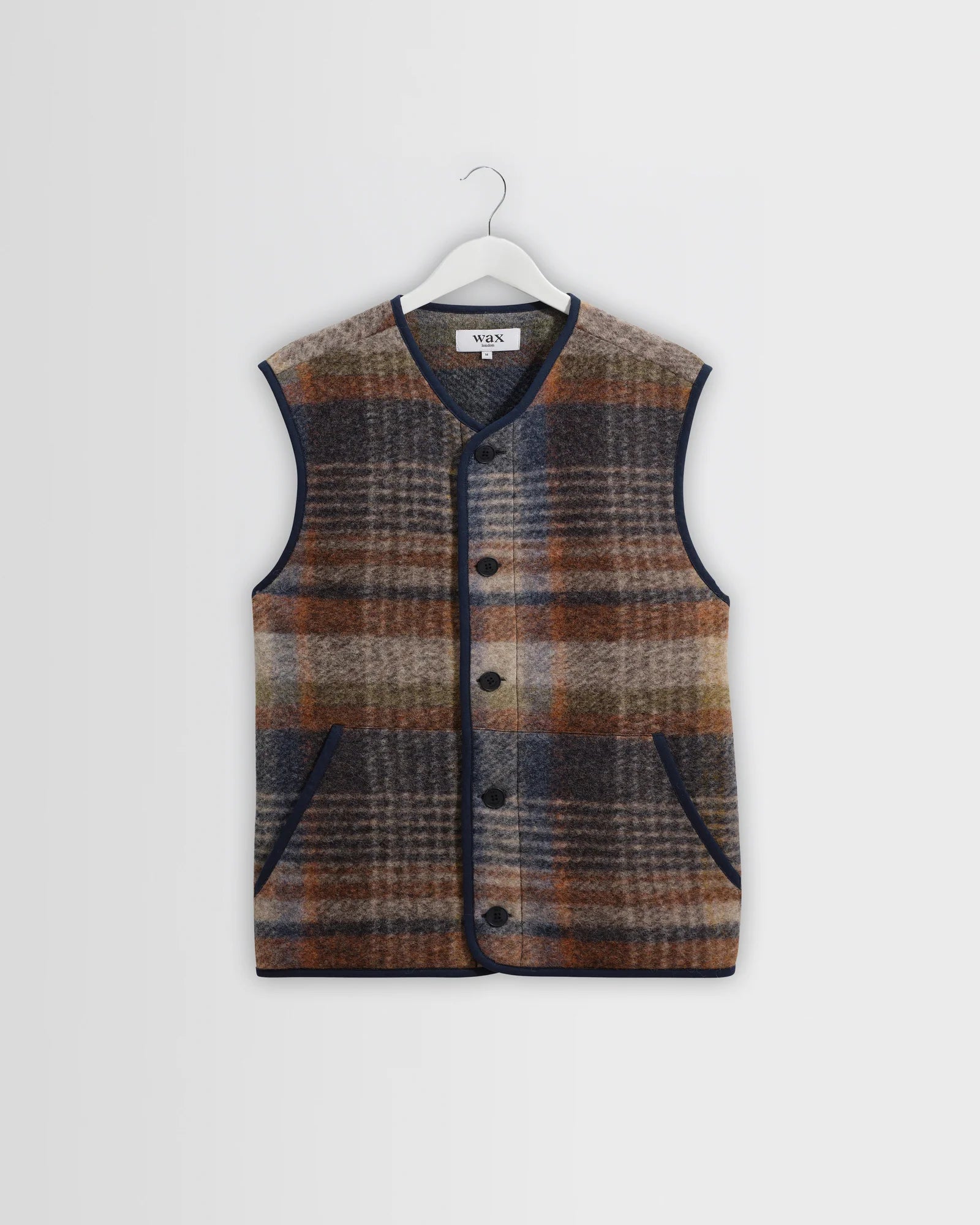 Wax London - Gower Gilet in Oatmeal And Multicolour Check Wool