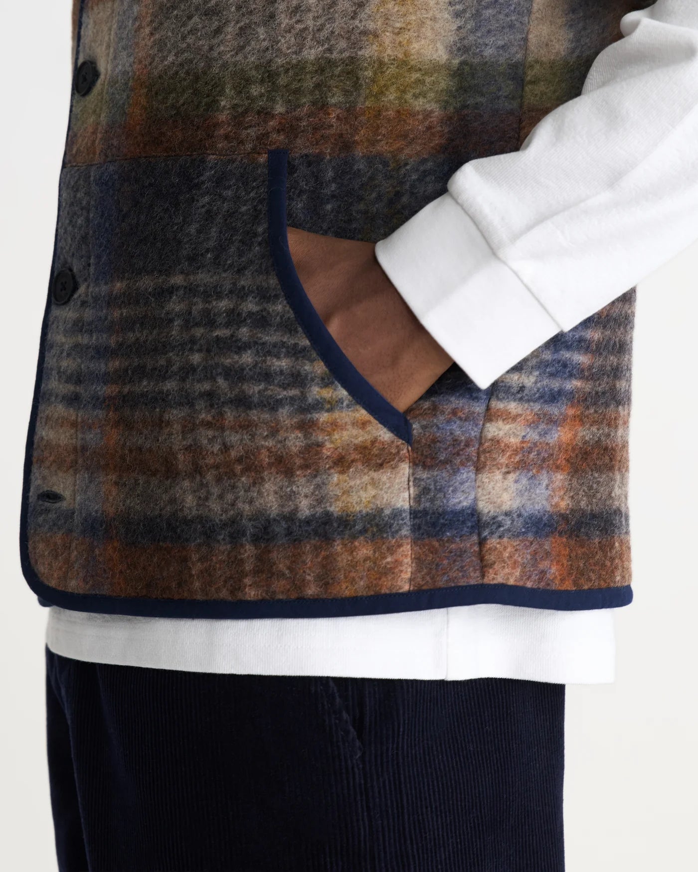 Wax London - Gower Gilet in Oatmeal And Multicolour Check Wool