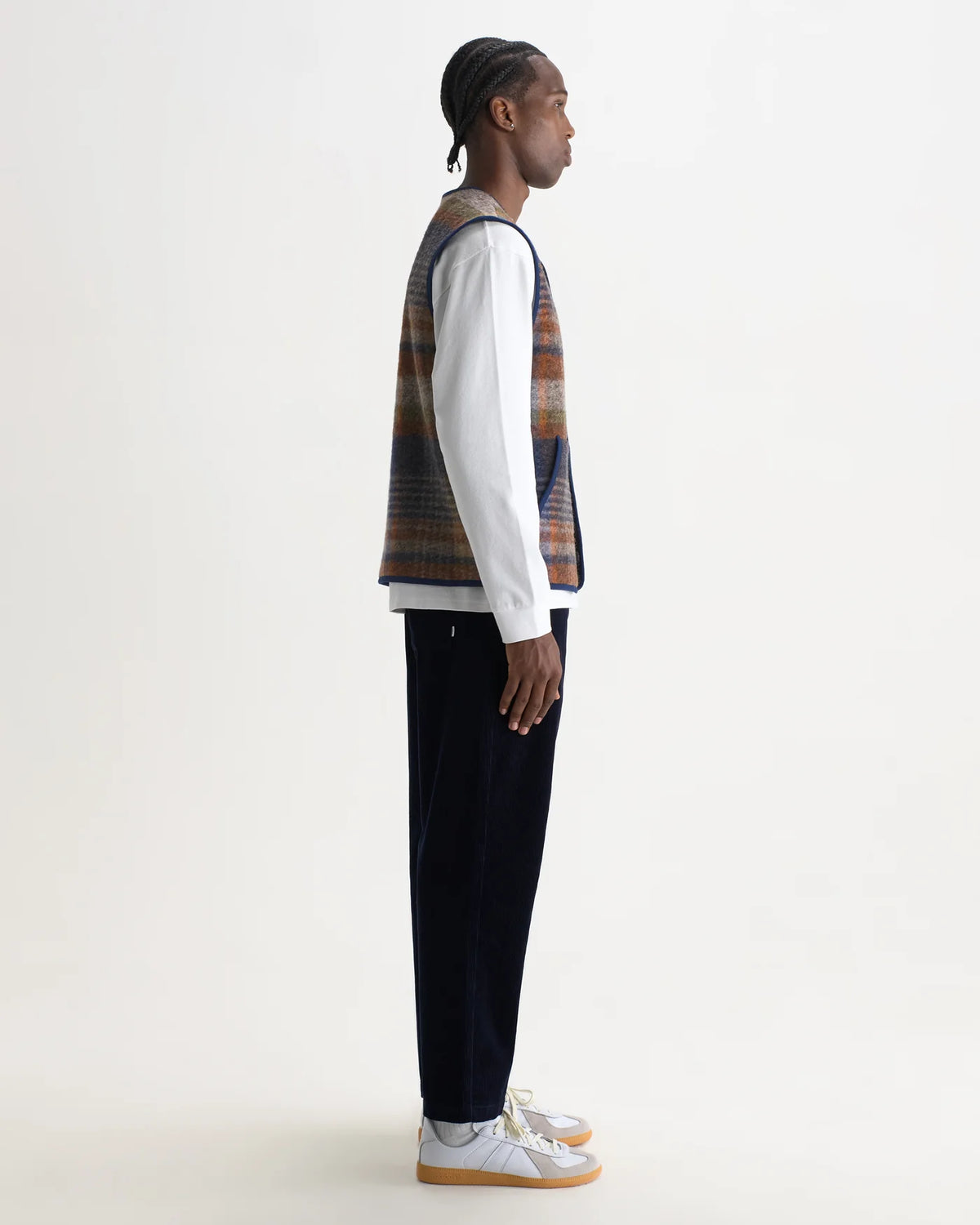 Wax London - Gower Gilet in Oatmeal And Multicolour Check Wool