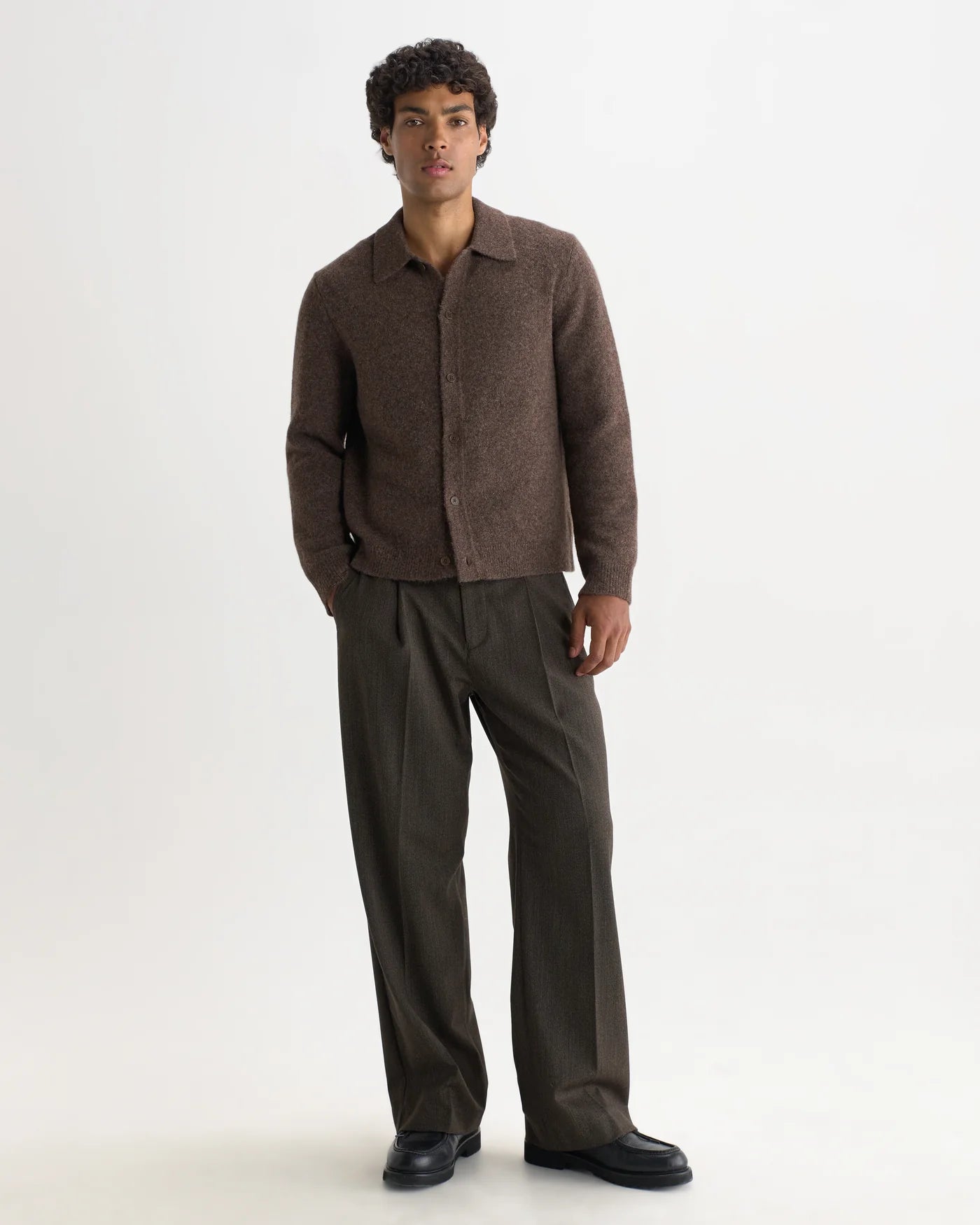 Wax London - Tristan Fluffy Long-Sleeve Knitted Polo in Chocolate Brown