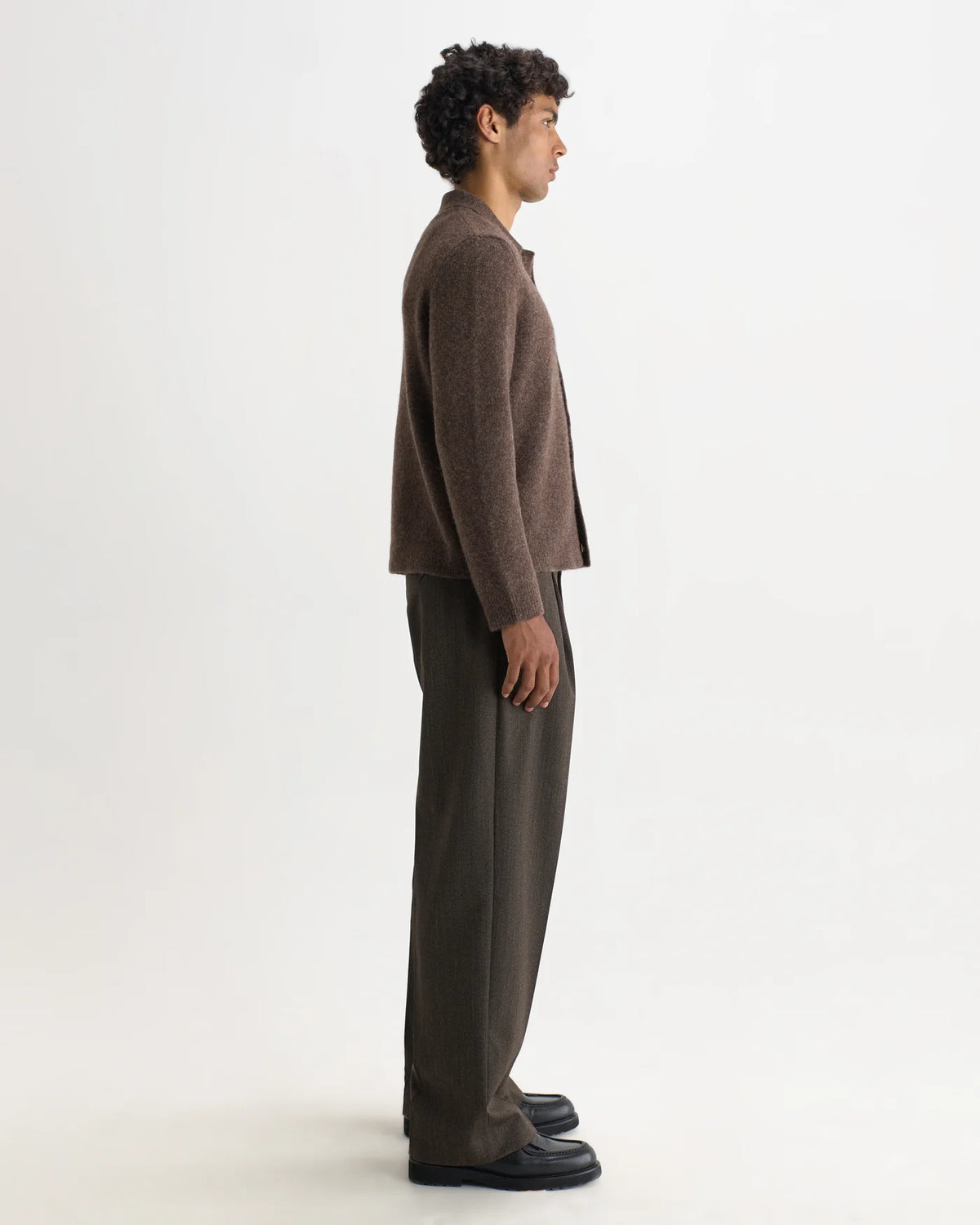 Wax London - Tristan Fluffy Long-Sleeve Knitted Polo in Chocolate Brown