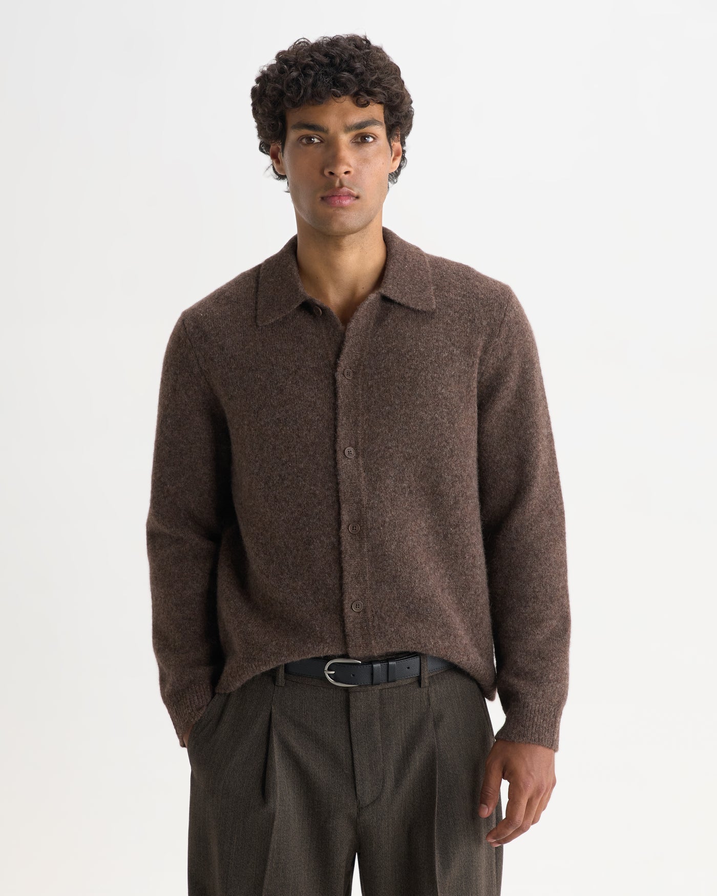 Wax London - Tristan Fluffy Long-Sleeve Knitted Polo in Chocolate Brown