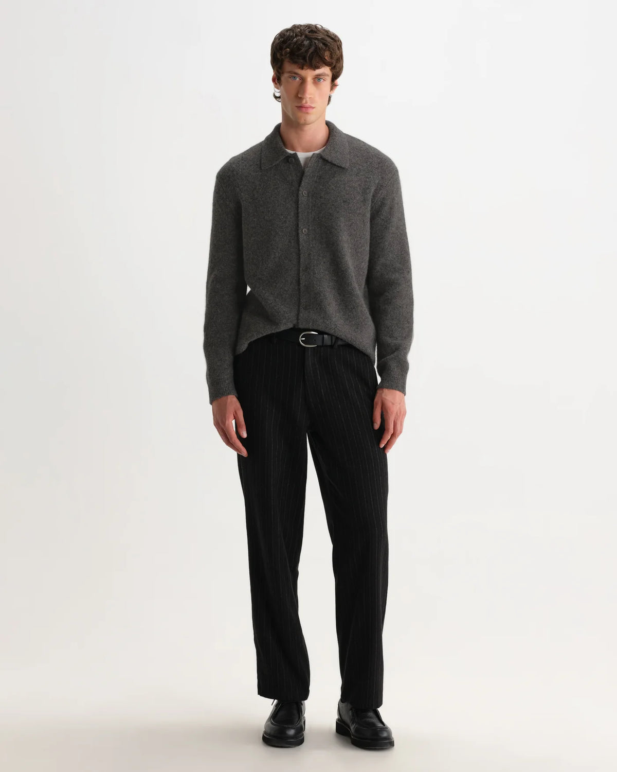 Wax London - Tristan Fluffy Long-Sleeve Knitted Polo in Charcoal