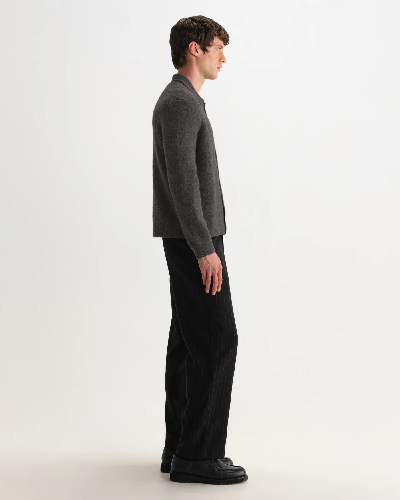 Wax London - Tristan Fluffy Long-Sleeve Knitted Polo in Charcoal