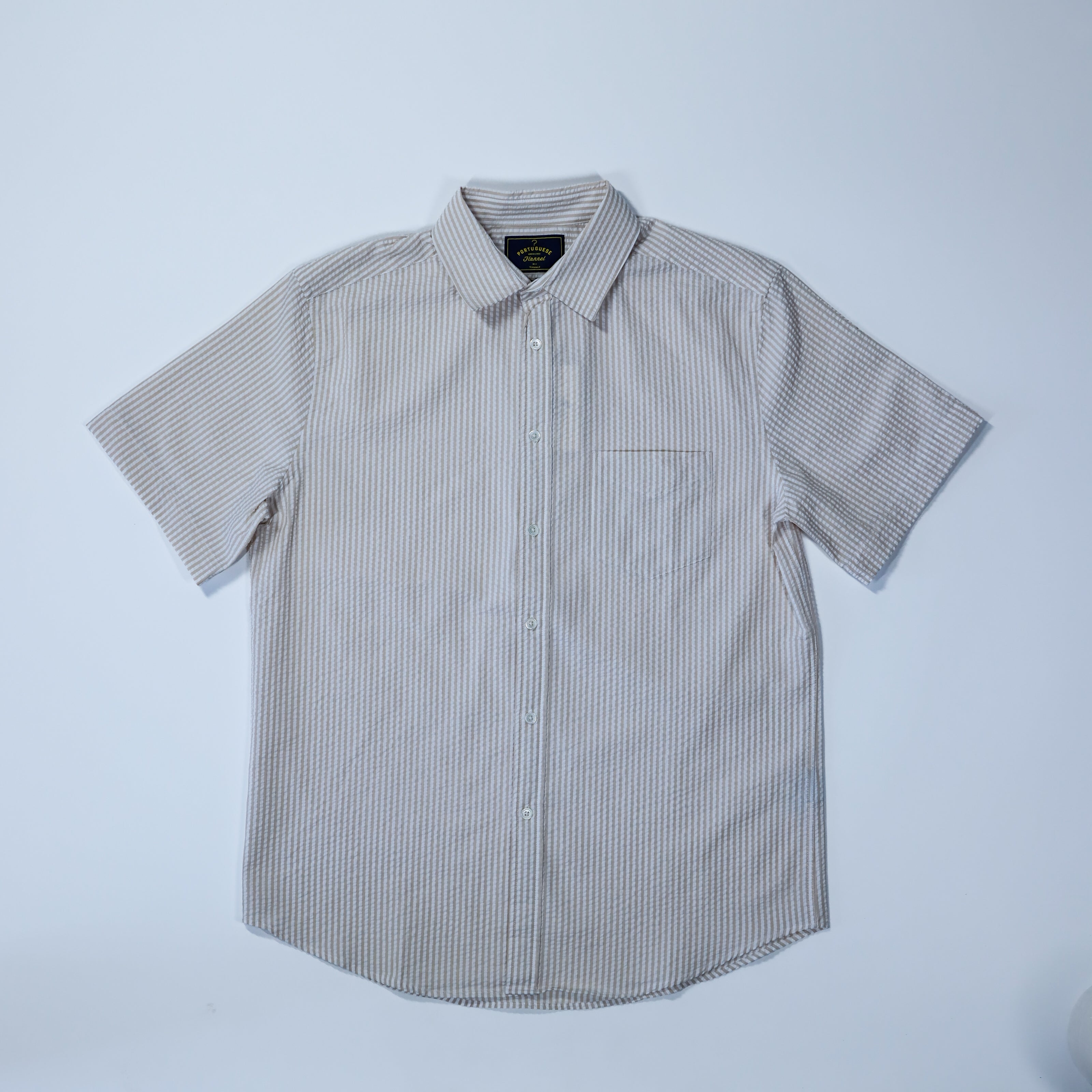 Portuguese Flannel - Atlantico Short Sleeve in Sand Stripe Seersucker