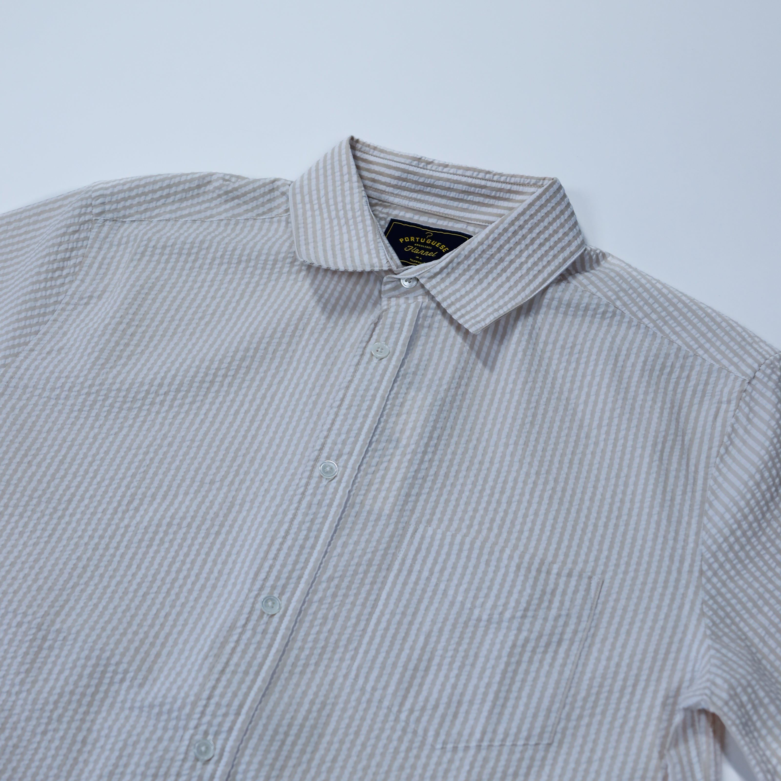 Portuguese Flannel - Atlantico Short Sleeve in Sand Stripe Seersucker