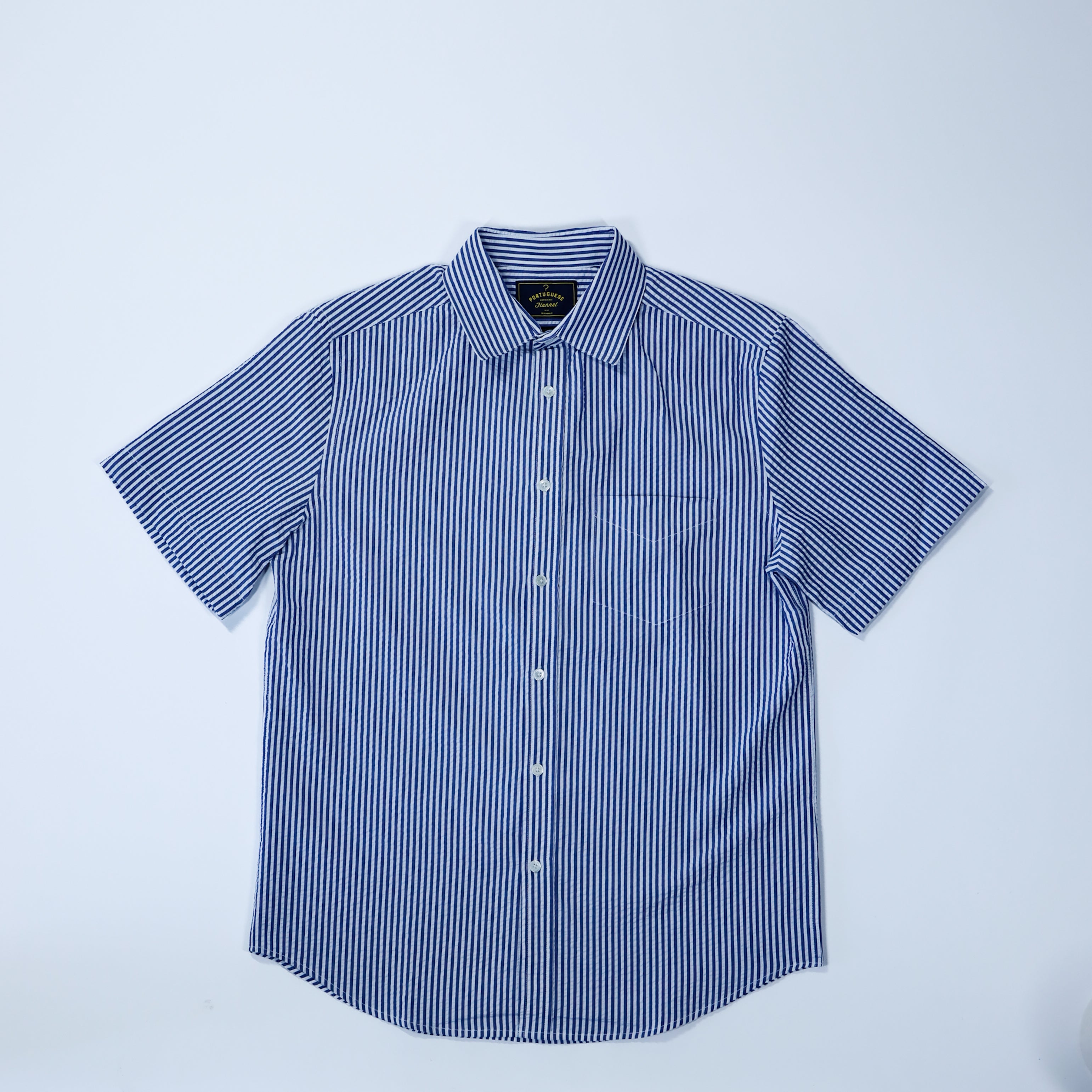 Portuguese Flannel - Atlantico Short Sleeve in Blue Stripe Seersucker